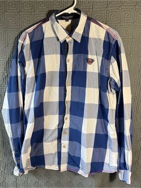 Fredd Marshall Men Button Up Shirt Sz USA L Plus Blue White Gingham Check Cotton